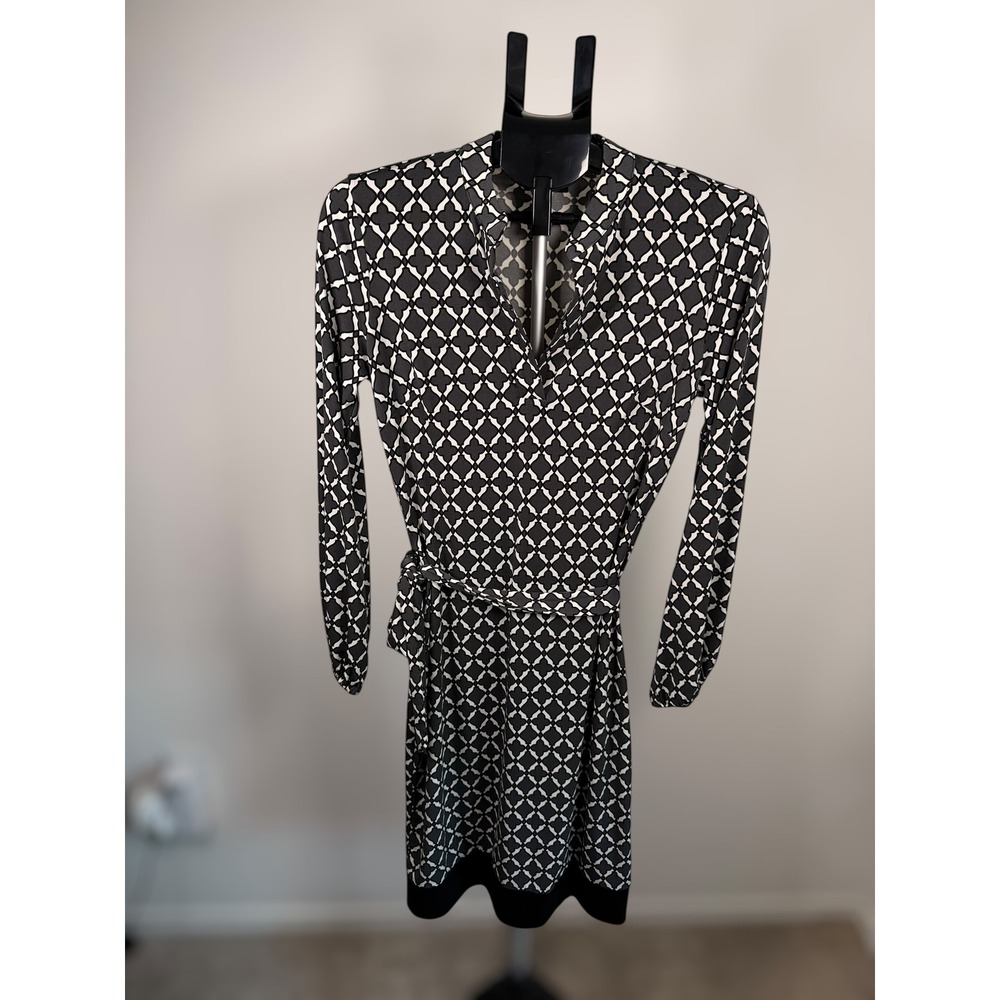 Laundry by Design Preppy Geometric Faux Wrap Dress Black‎ White Long Sleeve XS